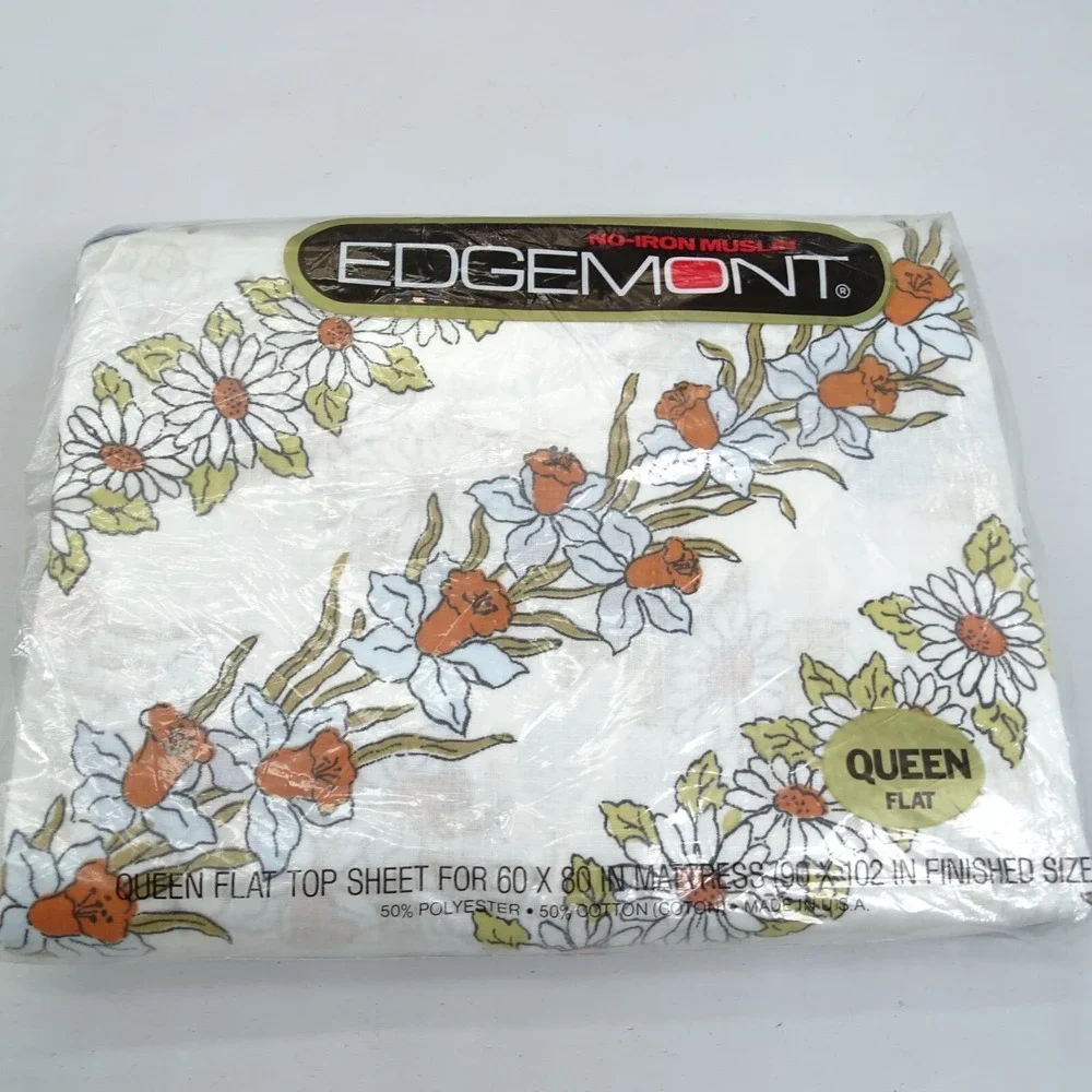 Vintage Edgemont No-Iron Muslin Queen Flat Sheet Garland Floral‎ USA Made New